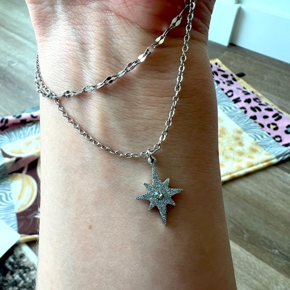 Stainless Steel Silver Star charm necklace Diamond - Picture 1 of 6